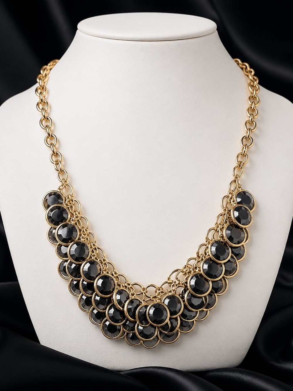 Gold and Black Statement Necklace - Elegant Layered Bib